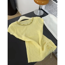 批发夏日超显白 清新薄荷绿重工钉珠针织短袖女修身显瘦上衣