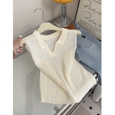 批发法式甜美气质polo领针织镂空无袖背心女夏季超好看百搭显瘦薄上衣