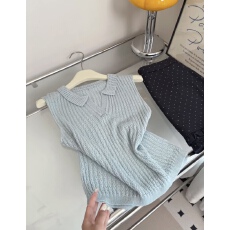 批发法式甜美气质polo领针织镂空无袖背心女夏季超好看百搭显瘦薄上衣