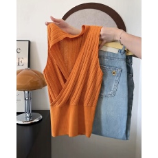 批发十三行女装春夏韩系气质简约V领坑条交叉针织无袖背心修身上衣