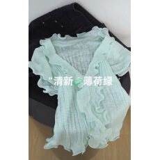 批发薄荷曼波绿色木耳边针织短袖T恤<b class='q'>女</b>夏新款设计感小众温柔上衣