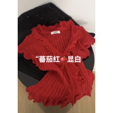 批发薄荷曼波绿色木耳边针织短袖T恤<b class='q'>女</b>夏新款设计感小众温柔上衣