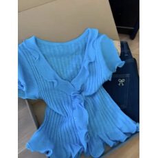 批发薄荷曼波绿色木耳边针织短袖T恤<b class='q'>女</b>夏新款设计感小众温柔上衣