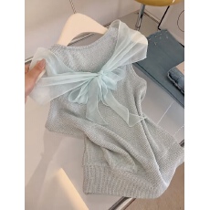 批发夏季新款网纱飘带无袖<b class='q'>针织衫</b><b class='q'>女</b>设计感拼接显瘦温柔风上衣背心