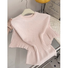 批发夏季新款温柔坑条<b class='q'>针织衫</b><b class='q'>女</b>圆领蝙蝠袖收腰显瘦气质上衣潮短袖