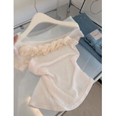 批发温柔风一字肩蕾丝拼接花朵短袖T恤<b class='q'>女</b>夏季新款不规则皱褶收腰上衣