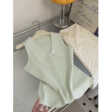 批发复古翻领无袖针织背心女夏季新款修身<b class='q'>短</b>款开衫外套