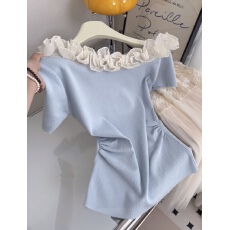 批发夏季新款韩版十三行<b class='q'>通勤</b>风修身花朵斜肩设计感百搭套头小衫