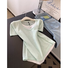 批发小众设计感后背镂空假两件短袖上衣女<b class='q'>夏</b>季新款韩版休闲风上衣