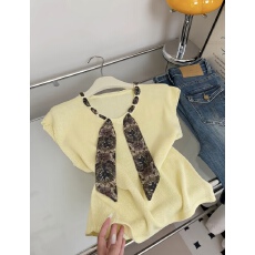 批发好韩系吖奶杏色系带丝巾短袖针织上衣女<b class='q'>夏</b>季温柔小衫