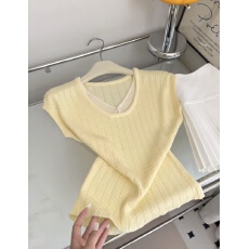 批发设计感假两件镂空针织短袖T恤女<b class='q'>夏</b>季绝美温柔别致修身显瘦上衣