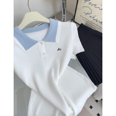 批发韩系高级感polo领蓝色短袖T恤女<b class='q'>夏</b>季新款气质精致显瘦上衣