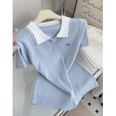 批发韩系高级感polo领蓝色短袖T恤女<b class='q'>夏</b>季新款气质精致显瘦上衣
