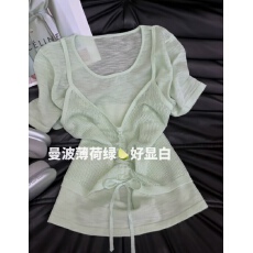 批发超显白韩系新款假两件短袖叠穿显瘦抽绳针织衫上衣女<b class='q'>夏</b>