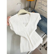 批发V领针织短袖上衣女<b class='q'>夏</b>设计感坑条修身显瘦短款打底衫