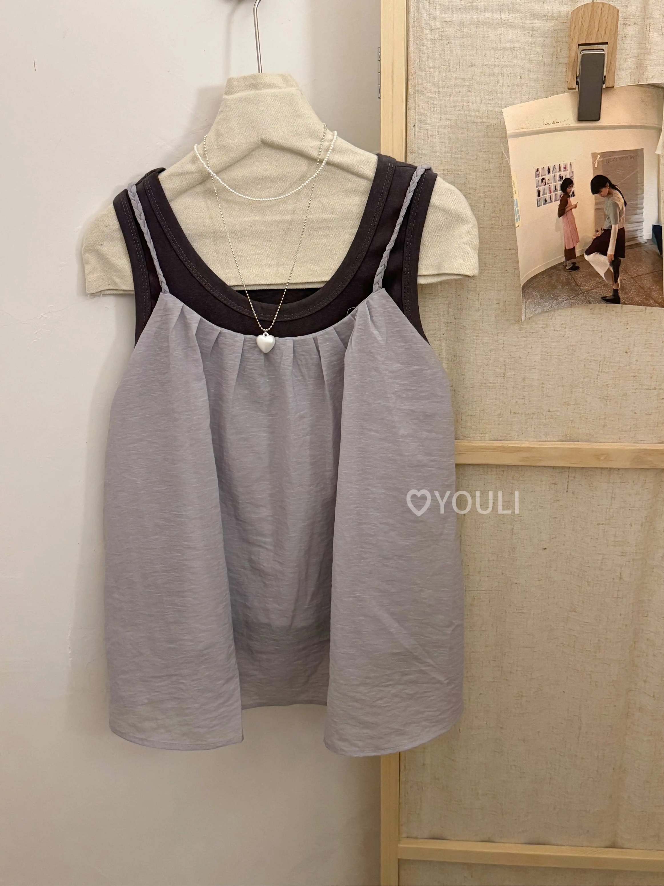 스택 착용 플리츠 라운드 넥 짜임 슬립 작은 셔츠 인사이드 가져 가라. 몸매 가꾸기 투피스 조끼 여성 여름