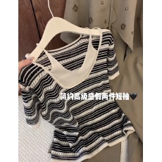 批发好温柔呀 清新蓝条纹撞色假两件叠穿背心针织短袖上衣