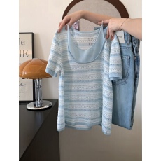 批发好温柔呀 清新蓝条纹撞色假两件叠穿背心针织短袖上衣