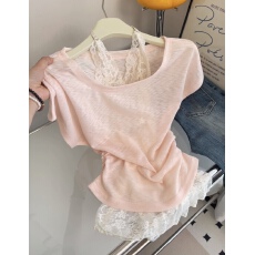 批发夏季韩系甜美短袖小衫+蕾丝背心套装女两件套