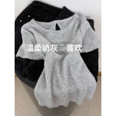 批发好显瘦~温柔奶灰色圆领镂空针织短袖T恤女夏<b class='q'>薄款</b>上衣