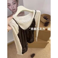 批发韩系燕麦奶咖撞色两件套女长袖针织<b class='q'>打底</b>衫吊带<b class='q'>背心</b><b class='q'>套</b>装