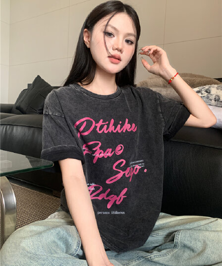 실사 정가 아메리칸 레트로 높음 거리 디자인 센스 마 오래된 워싱 핫걸 짧은 펌프 로프 티셔츠