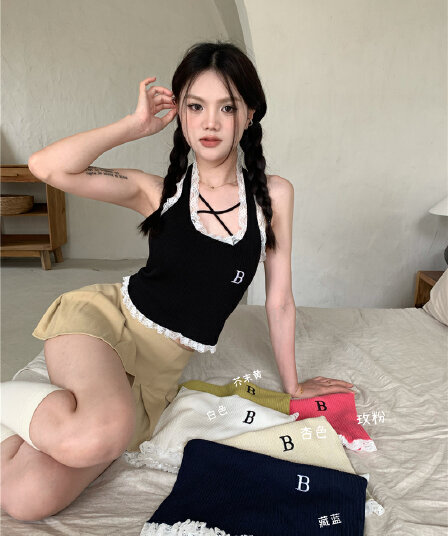실사 정가 순수한 욕망 레이스 측면 알파벳 자수 니트 행침 목 조끼