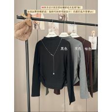 批发<b class='q'>实拍</b>实价 加绒加厚美式正肩长袖t恤女半高领独特收腰褶皱上衣