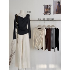 批发实拍实价 亲肤高级感春<b class='q'>冬</b>压褶显瘦荡领长袖T恤上衣女