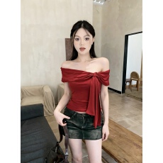 批发新品  辣妹风设计感一字肩绑带短袖T恤女
