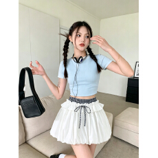 批发新品 木耳边格子拼接花苞裙半身裙女新款防走光a字百褶裙蓬蓬短裙