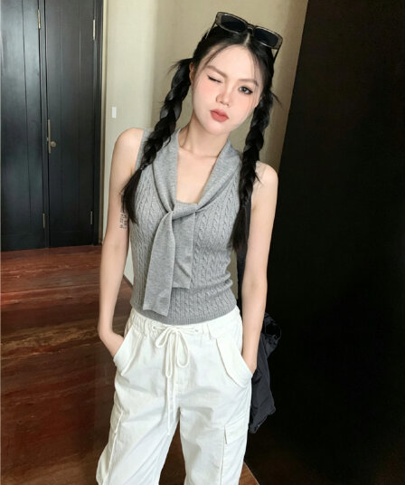 신제품 한 부서 단색 꽈배기 레이스업 조끼 니트 스웨터 여성 여름 민소매 몸매 가꾸기 슬림해 보이는 캐주얼 맨위