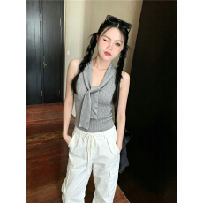 批发新品 韩系纯色麻花系带背心针织衫女夏季无袖修身显瘦休闲上衣
