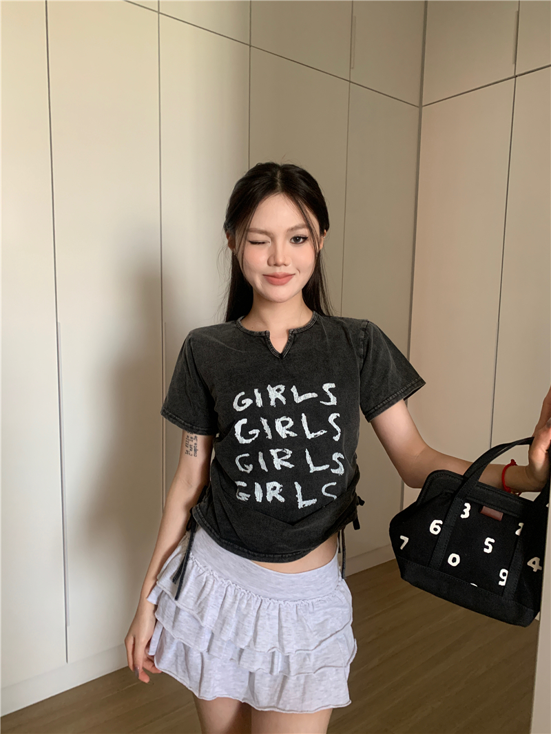 실사 정가 아메리칸 레트로 디자인 센스 마 오래된 워싱 알파벳 쇼트 스타일 펌프 로프 일반 티셔츠