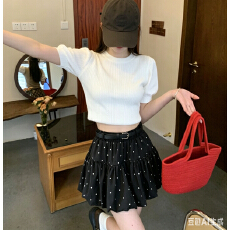 批发新品 甜美波点配腰带花苞松紧腰<b class='q'>半身裙</b>女高腰显瘦A<b class='q'>字</b>短<b class='q'>裙</b>