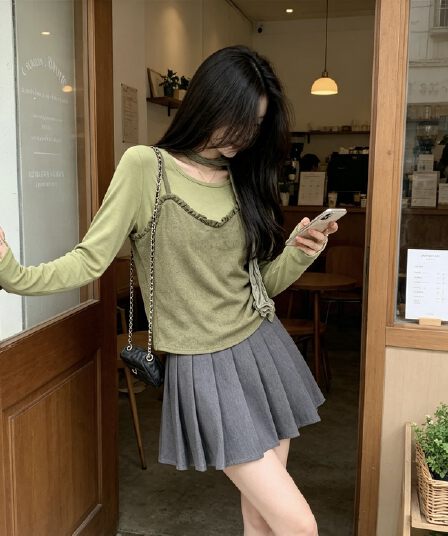 신제품 이른 가을 한 부서 세트 레이스 스웨이드 캐미솔 긴팔 티셔츠 인사이드 잡아라. 의류