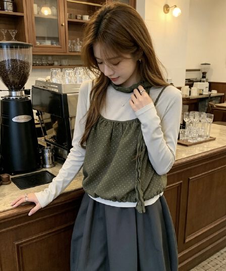 신제품 이른 가을 라운드 넥 긴팔 티셔츠 인사이드 잡아라. 의류 스택 착용 도트 무늬 캐미솔 투피스 세트 경기 스카프