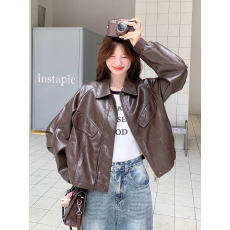 批发咖色美拉德复古甜酷风机车皮衣夹克秋小个子休闲显瘦短外套