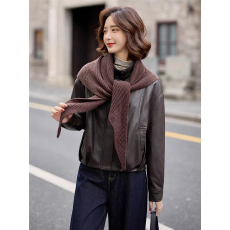 批发设计感针织披肩立领加绒皮衣外套女冬季新款小个子夹克上衣