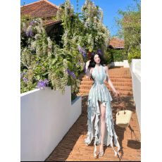 批发落日蔓藤气质高腰显瘦拼接鱼尾长款<b class='q'>挂</b><b class='q'>脖</b><b class='q'>连衣裙</b>修身不规则礼服