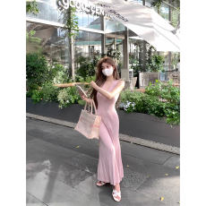 批发夏季<b class='q'>时尚</b>女甜美V领无袖修身鱼尾针织连衣长裙排扣纯欲内搭裙