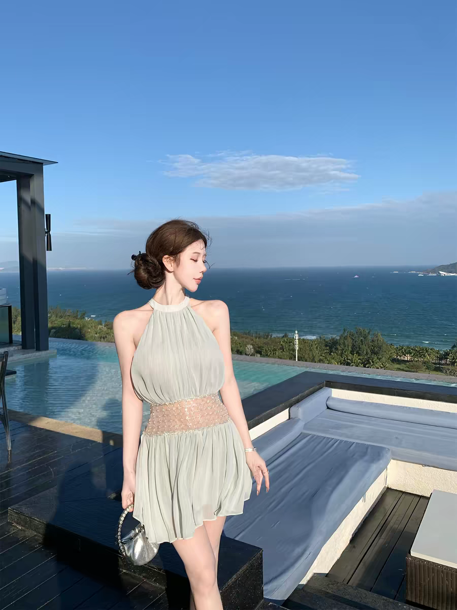 바다색 깨진 퍼스 무거운 작업 행침 목 발굴하다 어깨 순수한 욕망 분위기 센스 수공 비즈 박기 허리 수축 시스루 드레스