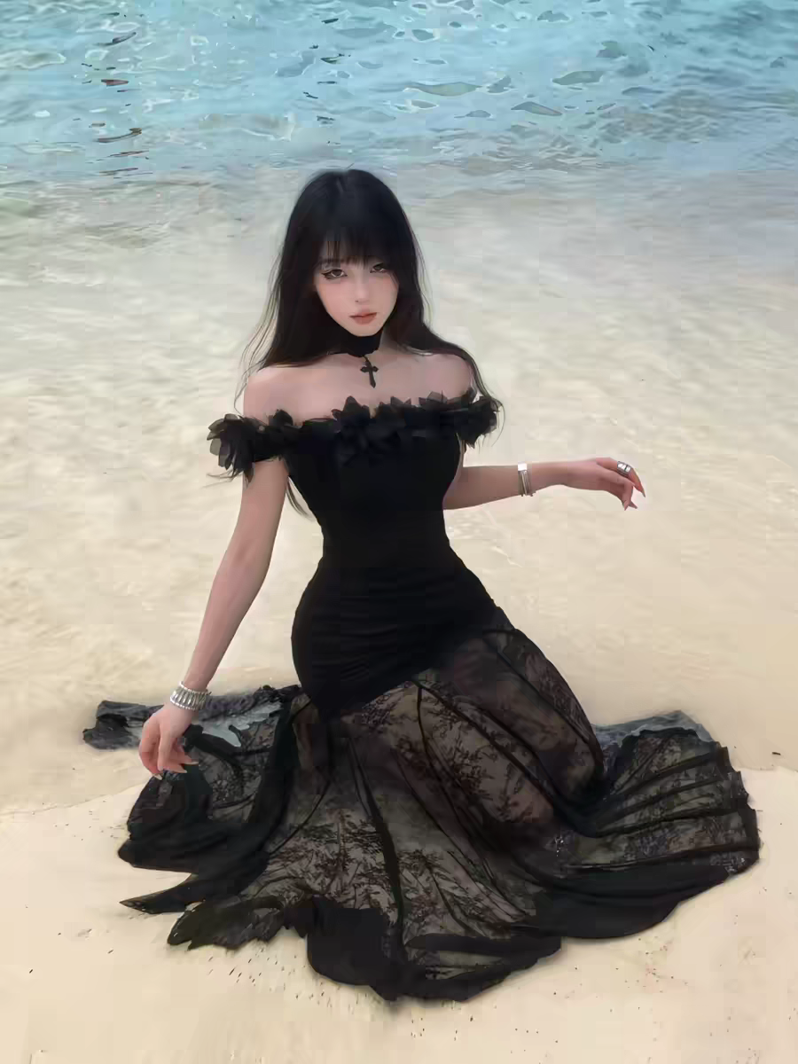 프랑스식 검정색 망사 오프숄더 여성 드레스 여름 품격 허리 수축 생일 예복 타이트 스커트 인어 꼬리 롱 스커트