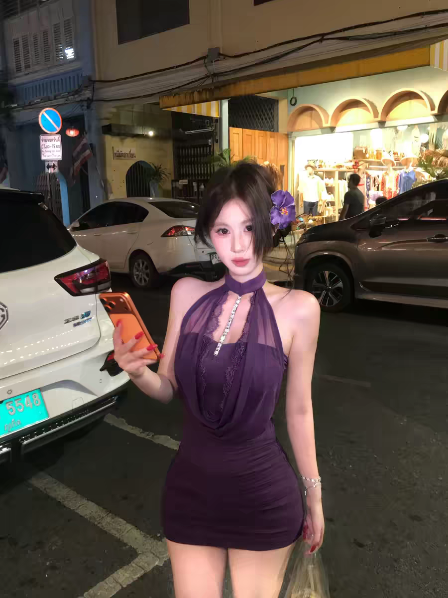 보라색 스타 운동 섹시함 망사 행침 목 여성 드레스 여름 페이크 레이어드 허리 수축 타이트 스커트 미니 스커트 핫걸