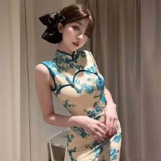 批发新中式复古印花改良旗袍无袖连衣<b class='q'>裙</b><b class='q'>网纱</b>露背绝美掐腰包臀长<b class='q'>裙</b>
