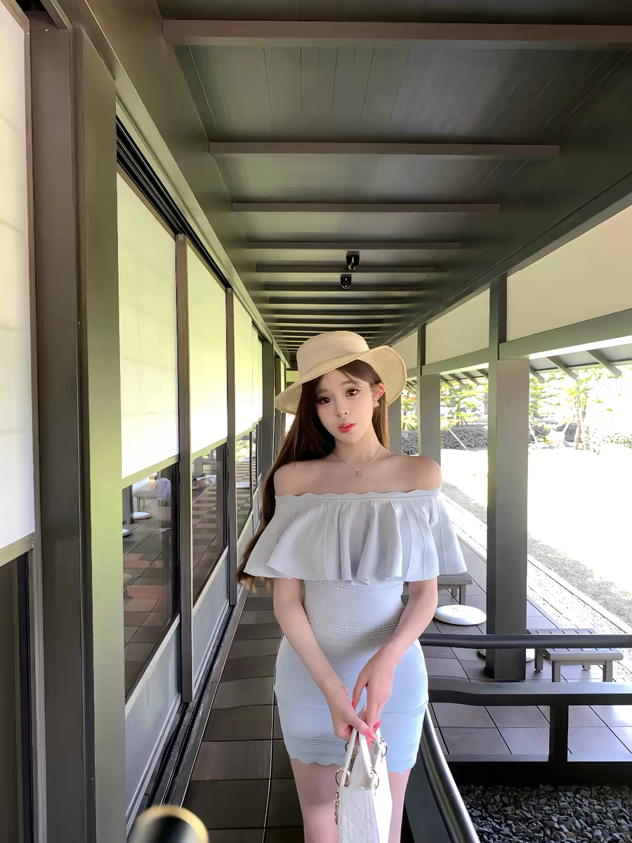 오프숄더 프랑스식 여성 드레스 여름 새로운 프릴 타이트 스커트 허리 수축 치마 니트 품격 미니 스커트