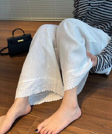 화이트 바지 아이들 여름 얇은 스타일 9 포인트 2026 새로운 오래된 돈 바람 레이스 주간 실크 아마 캐주얼 와이드 레그 팬츠