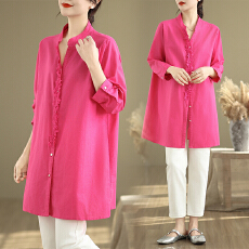 批发实拍 大码女装2025早春新款衬衣玫红色上衣<b class='q'>中长款</b>棉麻新中式国风
