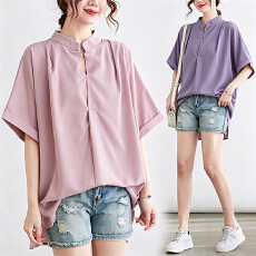 批发实拍 <b class='q'>大码</b>宽松V领短袖雪纺衬衫胖mm夏季女装遮肚显瘦前短后长上衣