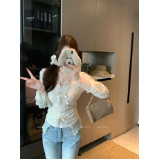 实拍~纯欲风V领蝴蝶结春季新款吊带蕾丝修身显瘦上衣两件套